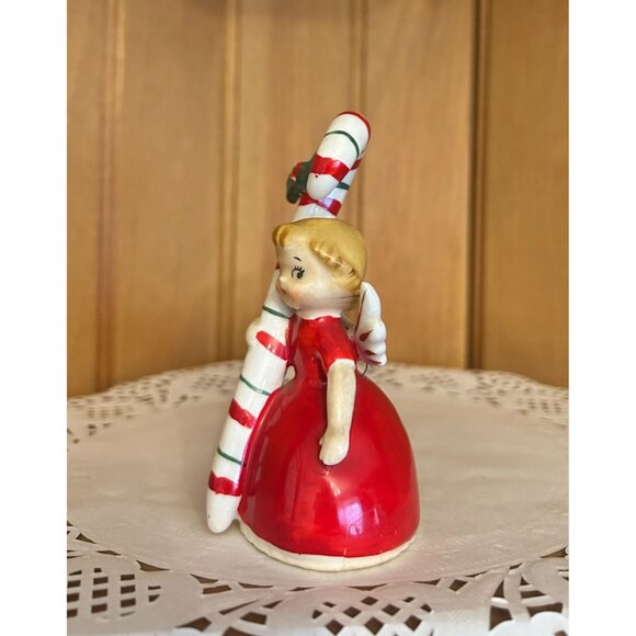 Vintage Napco Christmas Figurine Ceramic Angel Bell Candy Cane Girl - Picture 9 of 10